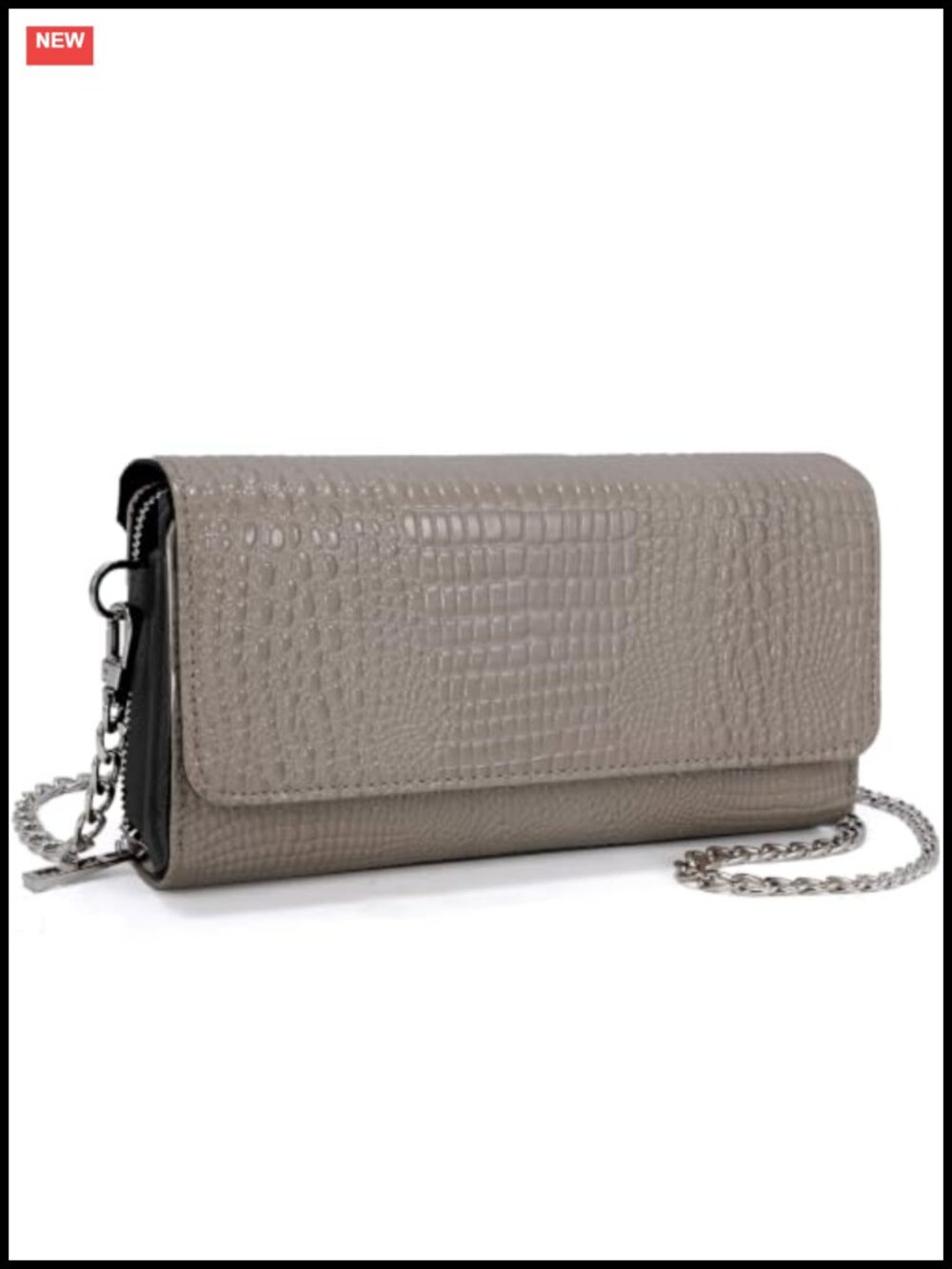 Croc Embossed Genuine Leather Crossbody Wallet Clutch with Chain Strap